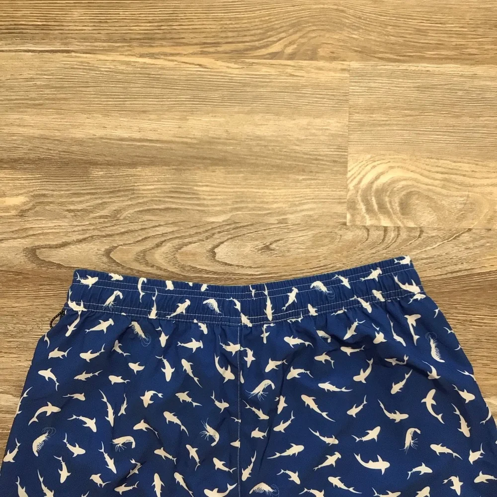 SHEIN Blue and White Shark Print Swim Trunks Built In Boxer Brief Medium